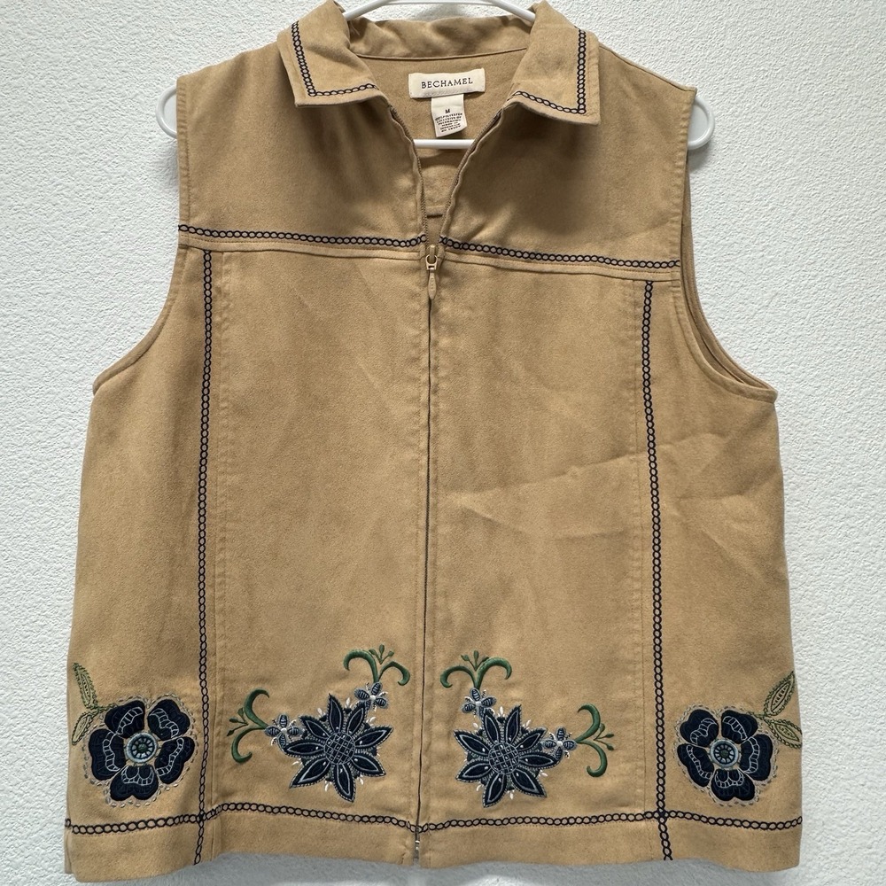 Bechamel Womens Embroidered‎ Floral Vest Full Zip Brown/Tan Medium